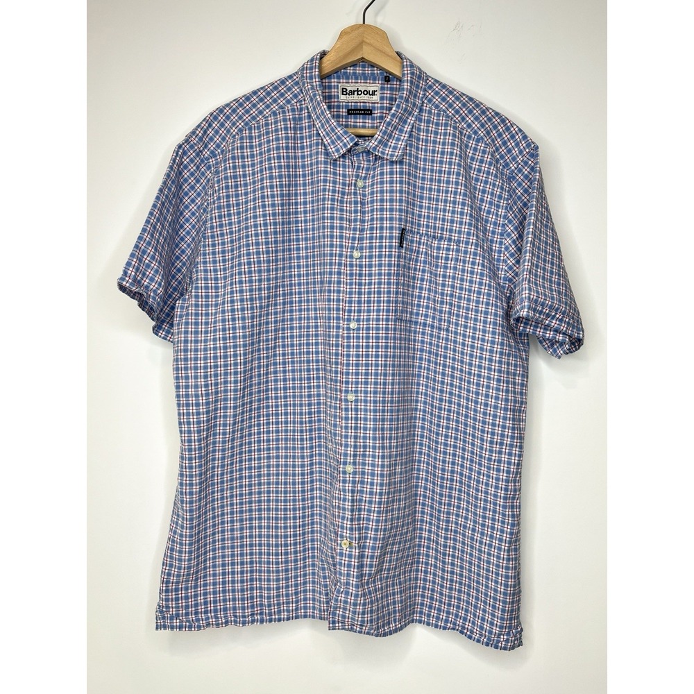 Barbour Button Up Shirt Mens Large Blue Check Linen Blend Short Sleeve Outdoor